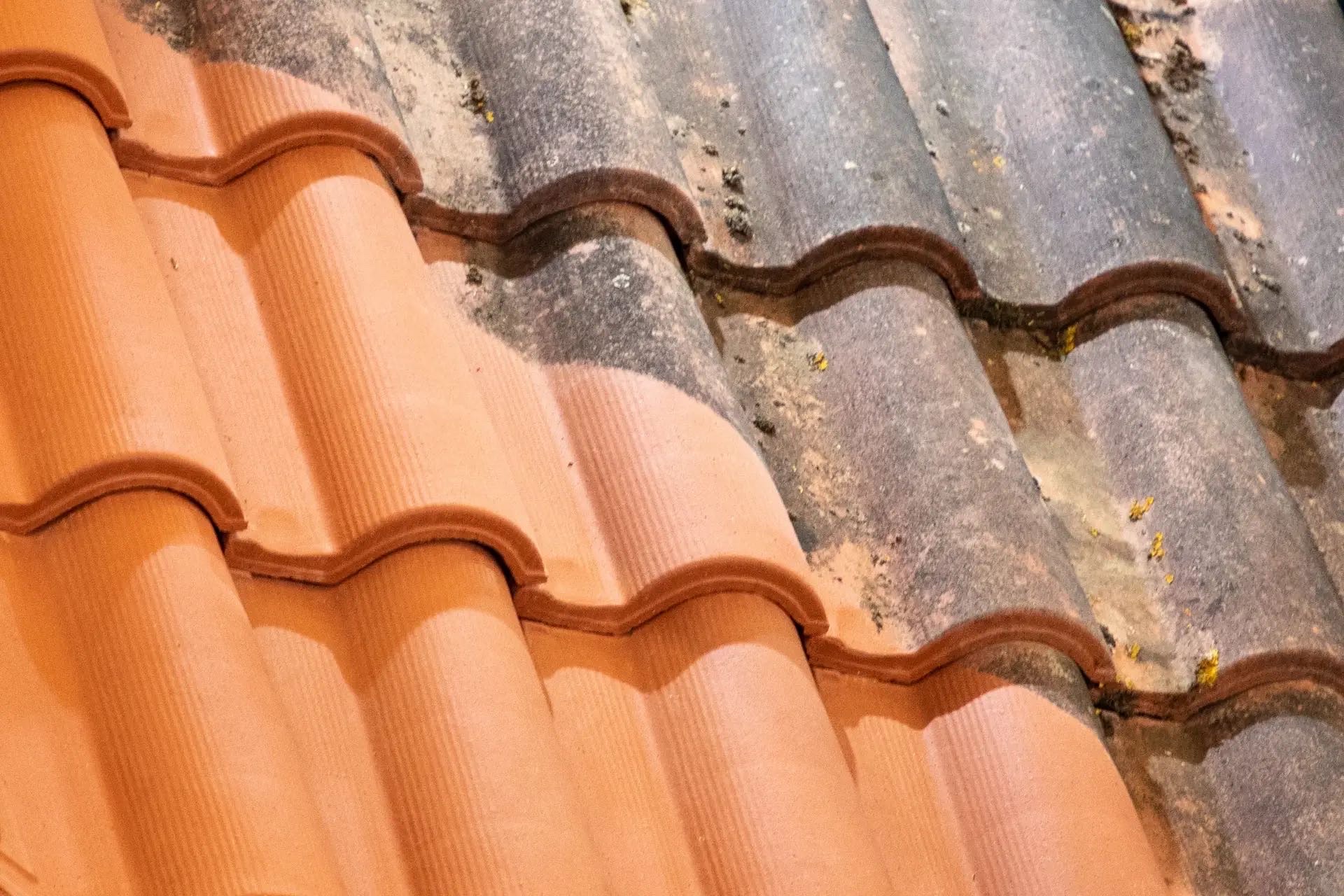 Tuiles nettoyées à gauche et tuiles couvertes de mousse à droite